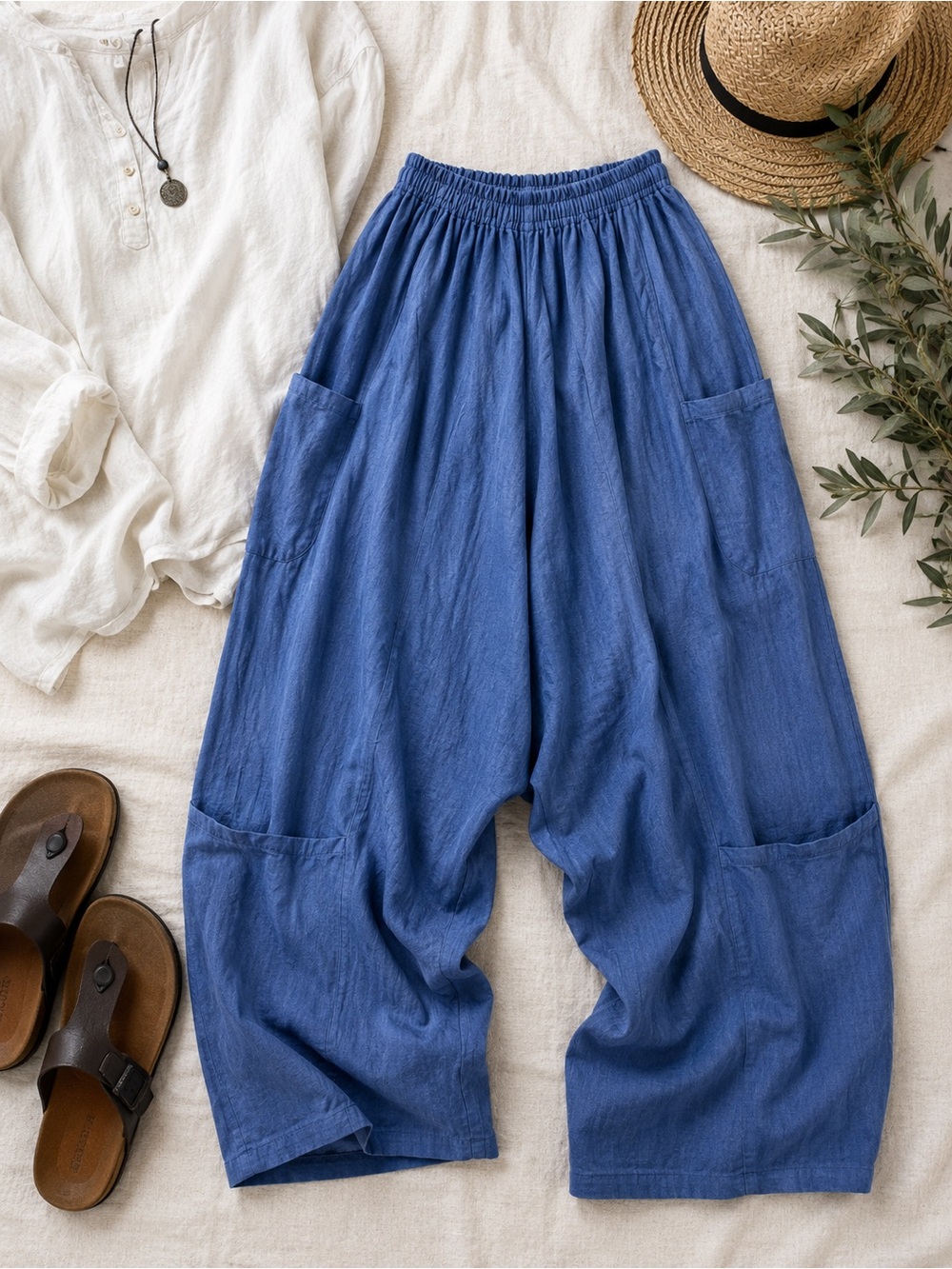 LAYERCAKE LINEN DESIGNER “BAGGIES” DROP CROTCH SCANDI PANTS POCKETS SIZE SMALL